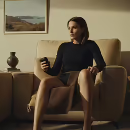 a woman sitting on a couch while holding a remote