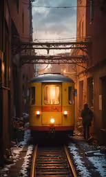 a passenger train is coming down the tracks,a train parked in the middle of a street