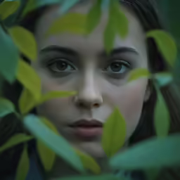 a woman looking through the branches of some green leaves