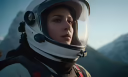 a woman wearing a helmet and standing outside