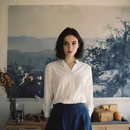 a beautiful young woman standing in front of a painting