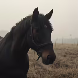 a horse stands in an open field with fog