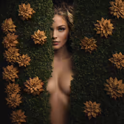 a girl in the bushes looking through the hole