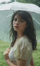 an asian woman holds an umbrella over her head
