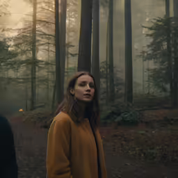 a woman standing on a forest path at sunset