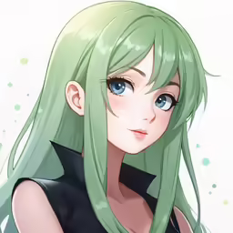 a anime female with green hair posing for a picture