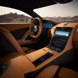 an interior shot of a brown sports car in motion