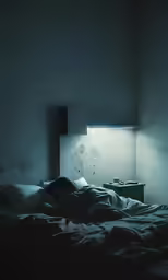 a man asleep in bed next to a bedside lamp