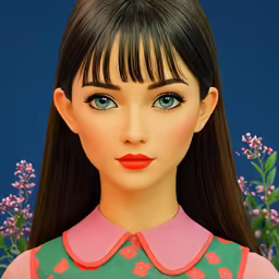 a close up of a woman with a pink shirt and green skirt