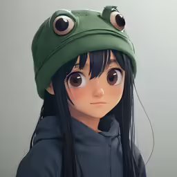 a 3d animated girl wearing a green hat