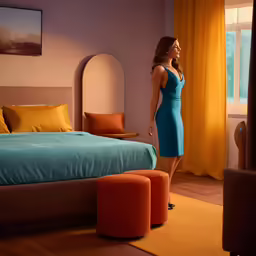 a woman in a blue dress stands near the bed