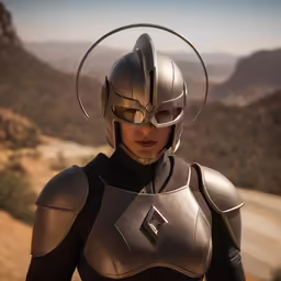 a woman in a futuristic suit looks off into the distance