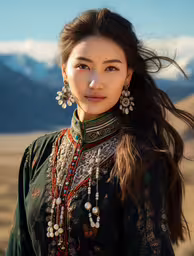 an oriental girl in traditional clothing looking into the camera,a woman with a green top and multicolored accessories on her neck, standing outside