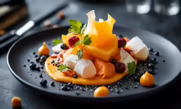 a black plate topped with assorted food and berries