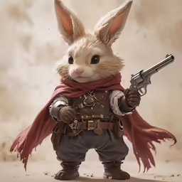 a rabbit is holding a gun and wearing a leather outfit