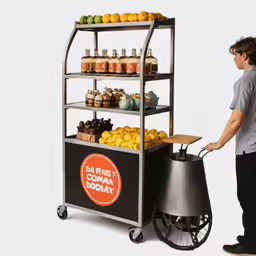 a man is pushing a cart with fruit in it