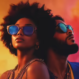 a man and woman are wearing blue mirrored sunglasses