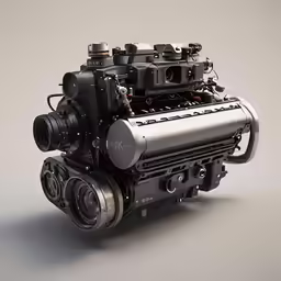 the large car engine is being displayed on a grey surface
