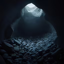 an underground cave near rocks, dark water and light