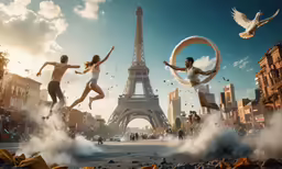 two people jump through the air while a bird flies by