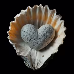 an oyster shell with a heart shaped rock sitting in it