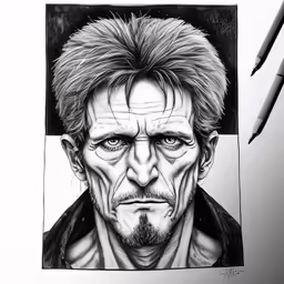 the face and eyes of stan stan as a man with long hair
