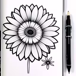 a black and white drawing of a flower on a notepad with a pen in front of it,a notebook with a drawing of a sunflower