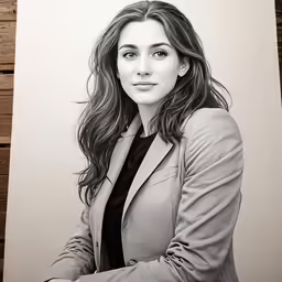 a black and white image of a woman in suit posing