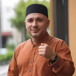 a close up of a man wearing an orange shirt and black cap