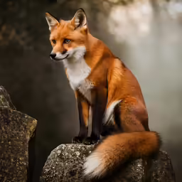 an orange and white fox sits on a rock in the woods