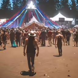group of people in outdoor arena at dusk, with one person wearing hat