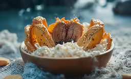 food served in wooden bowl on white cloth