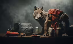 an old photograph with a wolf standing next to an old backpack