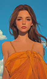 a close - up portrait of a girl in an orange dress