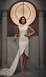 a woman standing on a ledge wearing a white dress