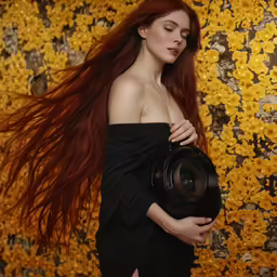 a woman with long hair carrying a camera