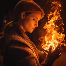 a woman is holding an orange flame in her hand