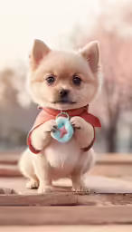 the small puppy has a doughnut in its mouth