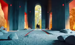 two people walk toward a giant archway in the snowy landscape