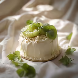 there is a small cake that has been decorated with green leaves and cucumbers