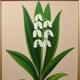a picture of white flowers sitting inside of a wooden frame,painting of white lilyes and leaves on beige wall,the painting has been framed in a gold frame,white flowers are in a green pot that has leaves on it,picture frame with art work on it with lily of the valley