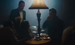 the woman and man are having a conversation in the dark