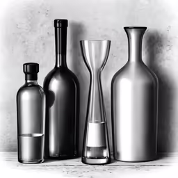 bottles and vases against a white wall