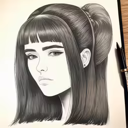 an artistic drawing of a woman with long black hair and bangs