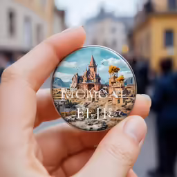 a person holding up a badge in their hand
