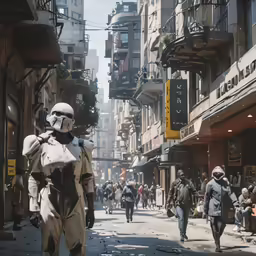 a stormtrooper is walking through an empty street in star wars