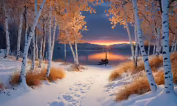 a lone boat in a snowy lake surrounded by trees