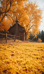 a rural barn in fall with yellow trees