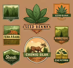 set of label designs for seed bank with forest and mountains,various logos designed in green and brown
