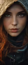 a close up of a woman with frecky hair wearing a hat and scarf